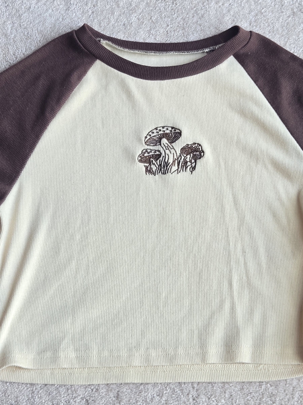 Kids Raglan Tee with Mushroom Graphic - Cream & Brown